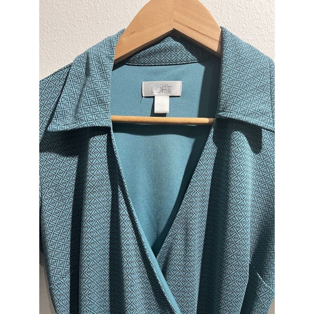 LOFT Size 2 Teal Green Black Printed Wrap Dress Long Sleeve - Picture 7 of 8